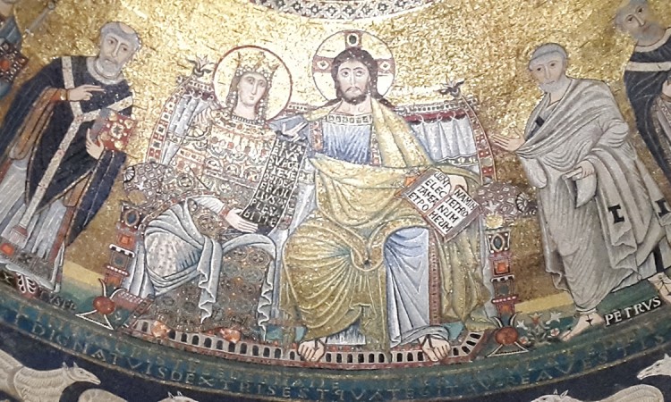 رسم يمثّل المسيح ومريم العذراء والتلاميذ، قبّة كنيسة سان دييغو (روما). - ©Adyan